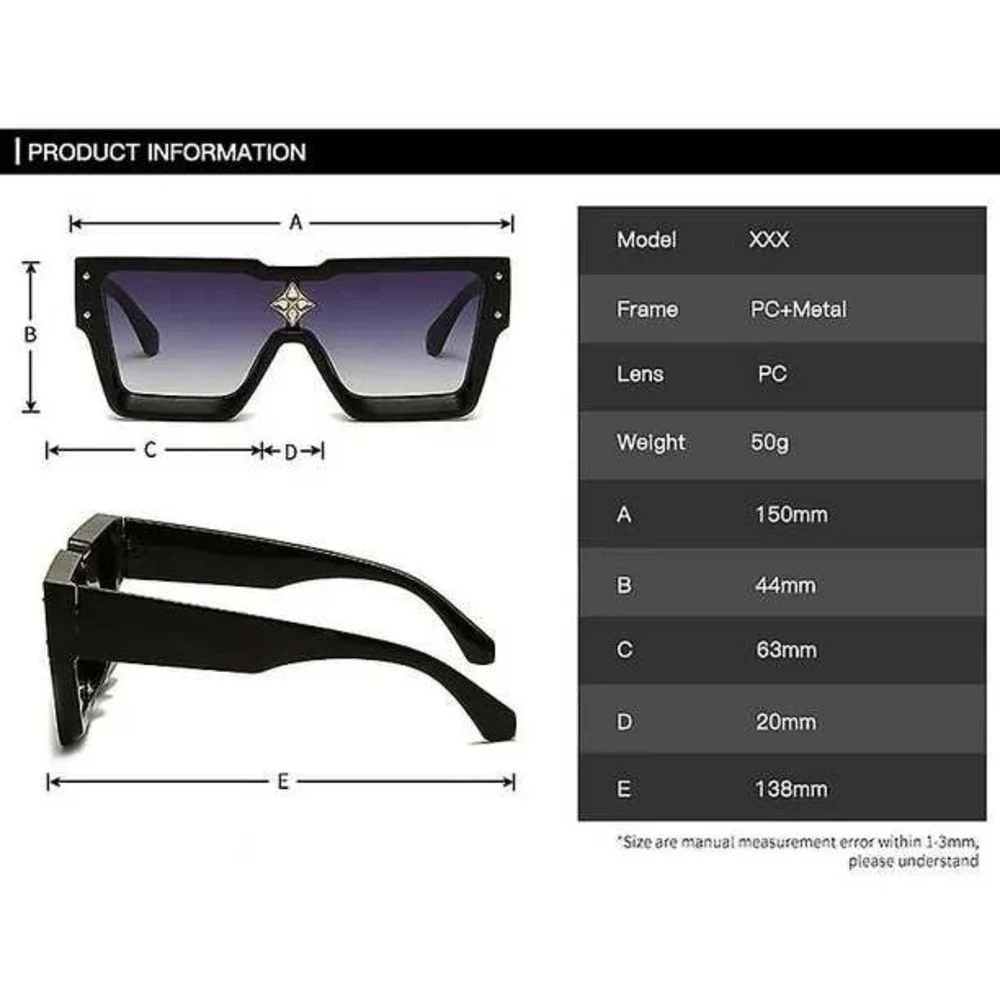 Men Sunglasses Fashion Designer Oversized Rhinestone Accents Square Frame Lentes